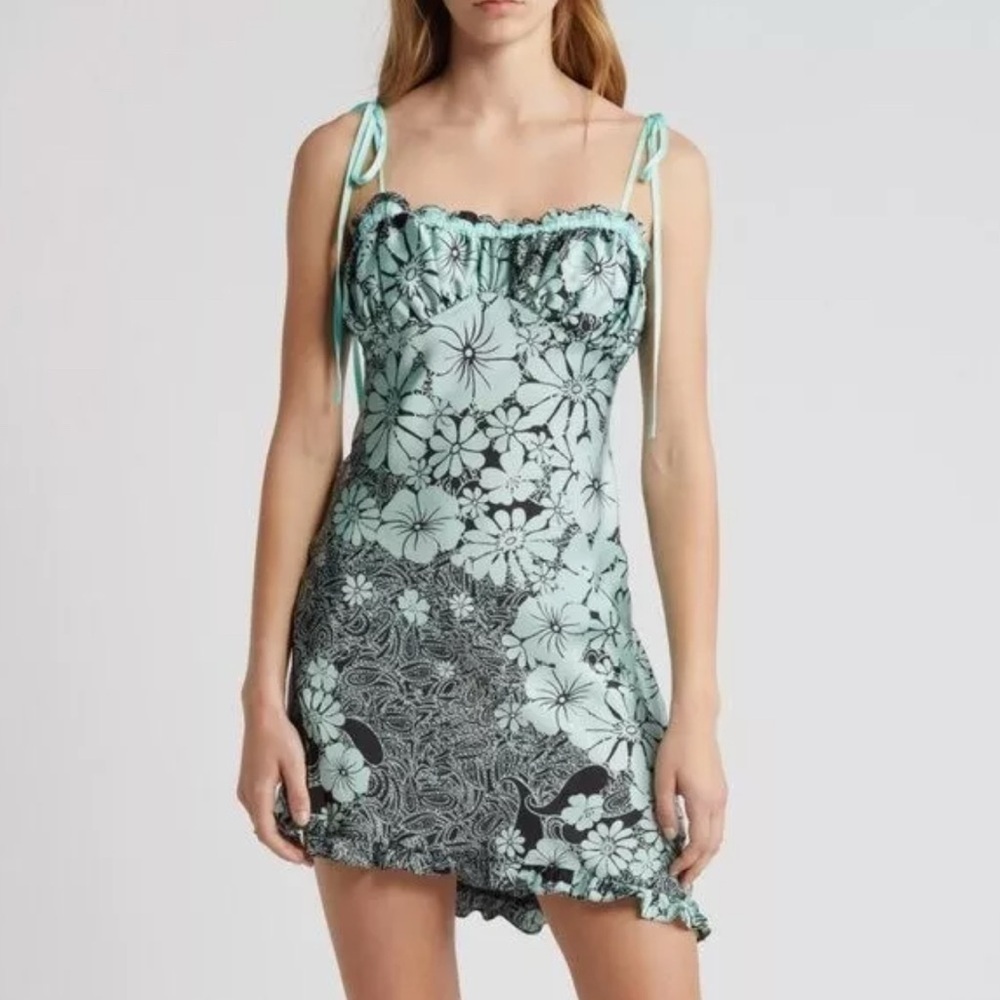 Free People Retro Daisy Asymmetric Slipdress Extra Large XL Teal Black